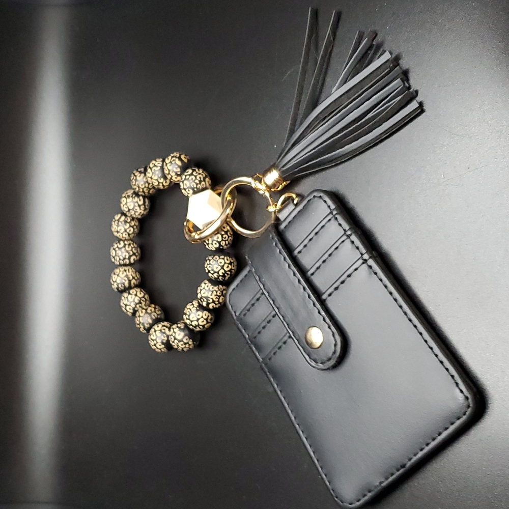 Black Leopard Beaded Stretch Bracelet and Key Ring Wallet
